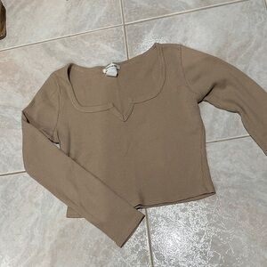 Tan Long Sleeve Waffle Crop Top